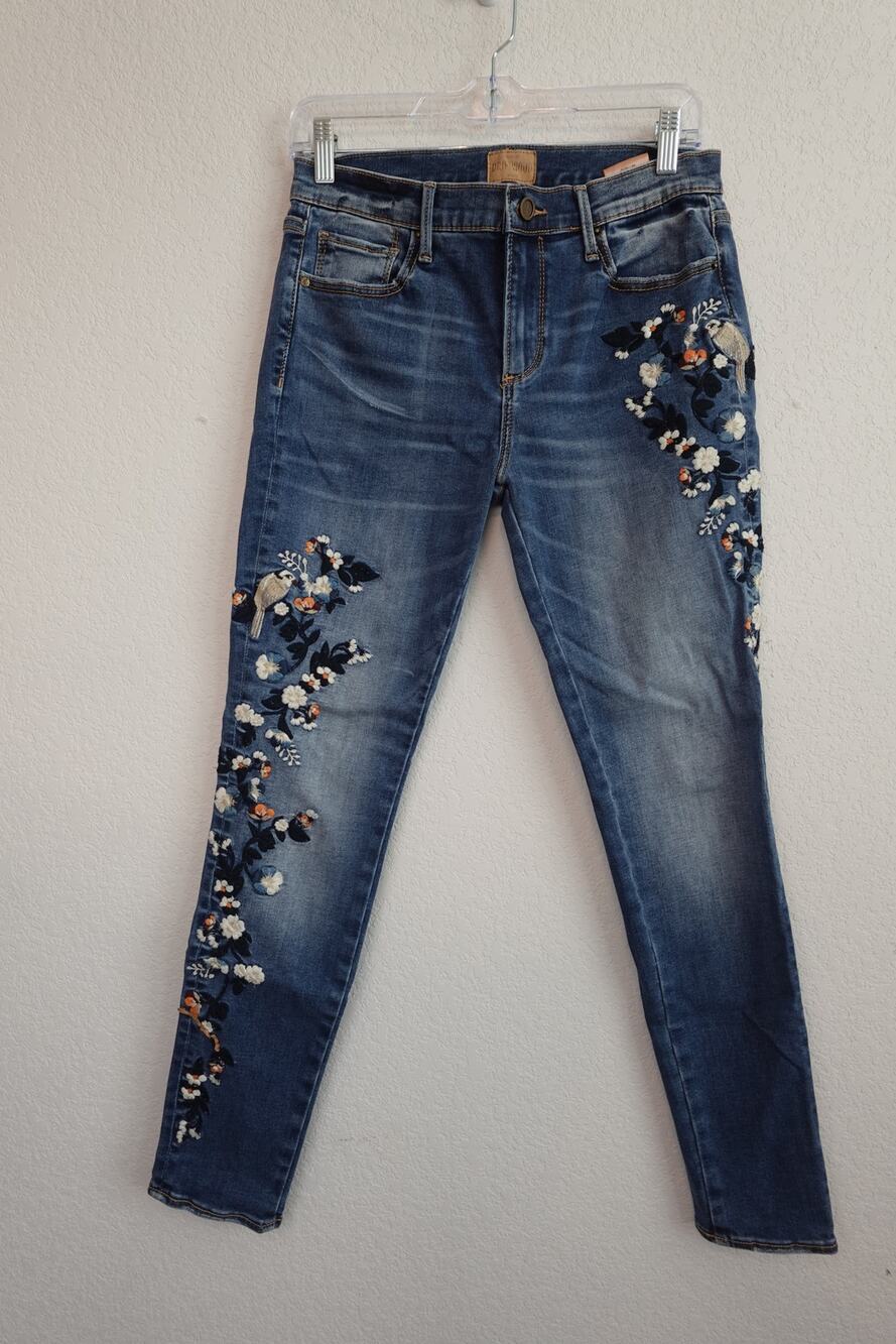 Driftwood Jackie Floral & Bird Embroidered Skinny Jeans size 28
